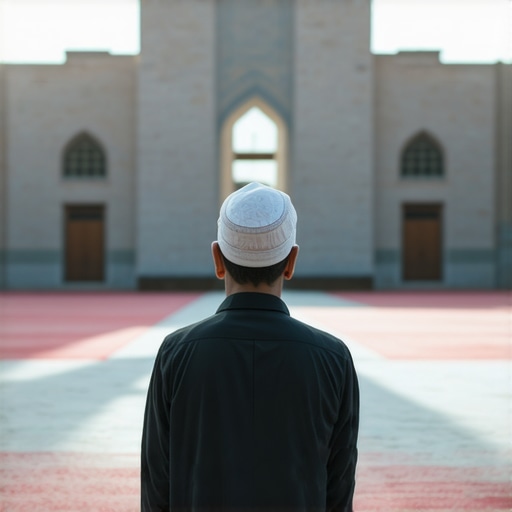 Praying in mosque with spiritual symbols representing divine messages