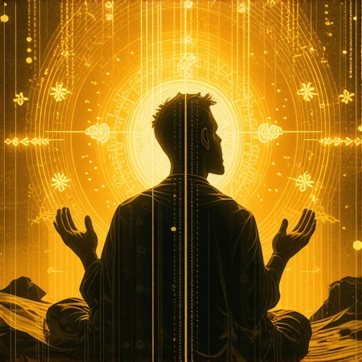 Person praying with spiritual symbols indicating faith and protection in Islam.