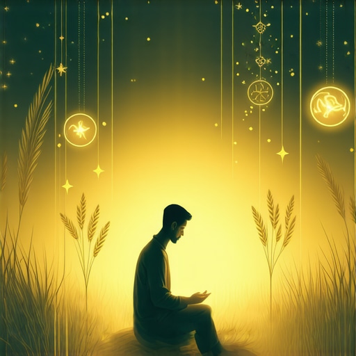 Person contemplating dreams with grains and spiritual symbols in a tranquil Islamic environment.