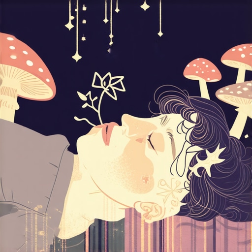 Person dreaming with glowing mushrooms and spiritual symbols