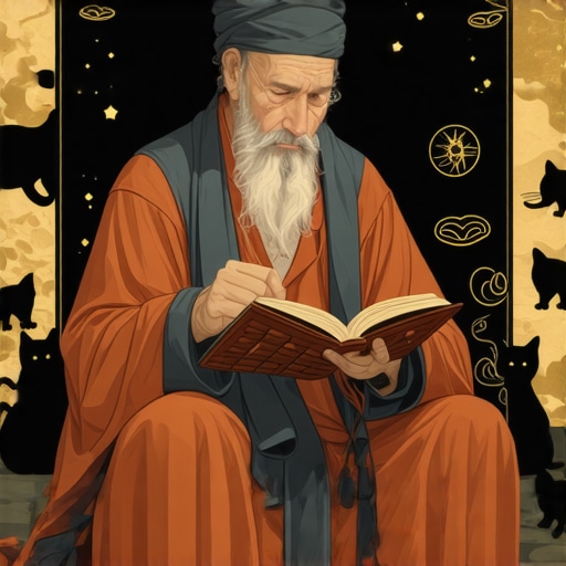 Islamic scholar analyzing dreams with symbolic images of cats, spiritual context