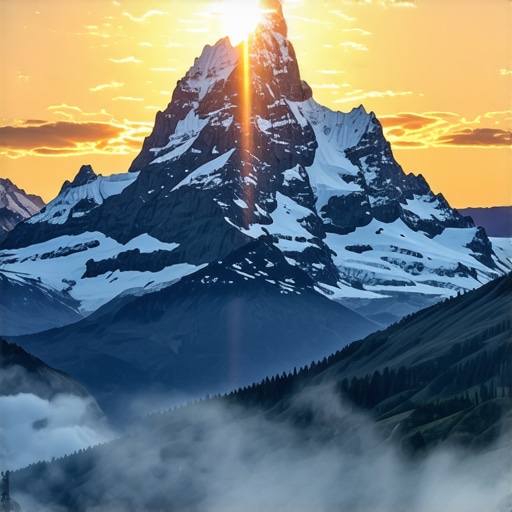 Majestetna planina sa duhovnom aurom, sunce na horizontu, simbol duhovnog uzdizanja