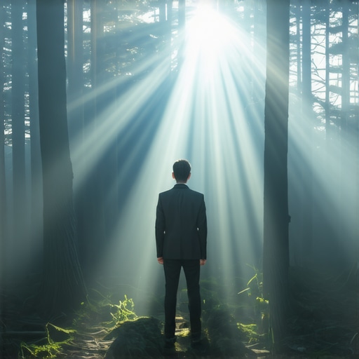 Osoba stoji na ivici šume dok kroz krošnje probija svetlost, simbolizujući duhovno prosvetljenje i Božju milost.