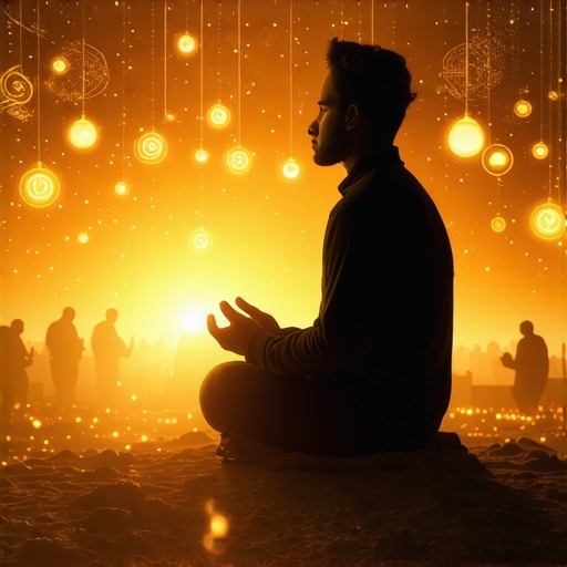 Person analyzing symbolic dreams in a mystical Islamic setting