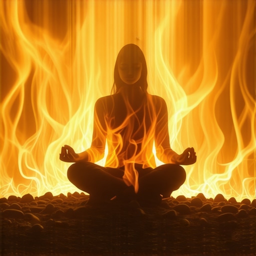 Spiritual scene depicting a glowing fire symbolizing inner transformation in Islamic art style