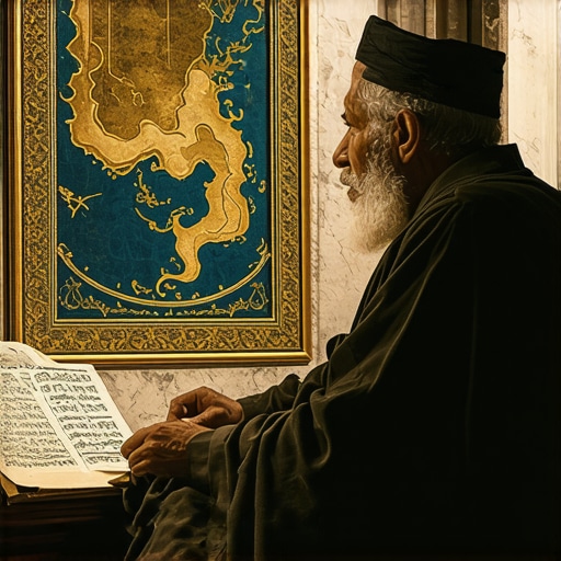 Islamic scholar studying dream symbolism related to Džehennem, detailed artwork