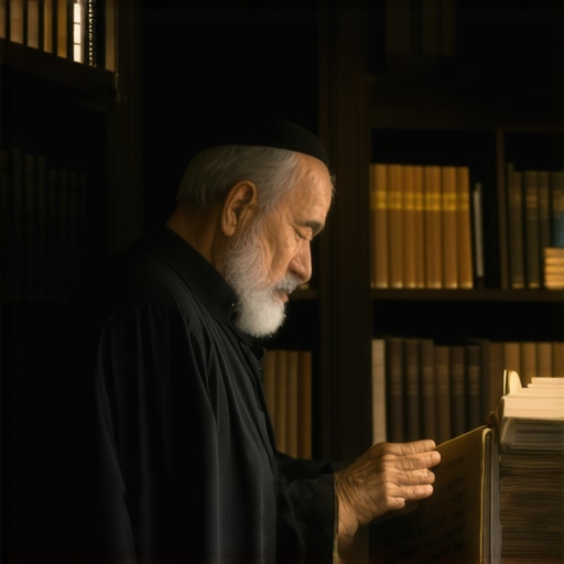 Islamic scholar examining ancient texts on dreams in a library