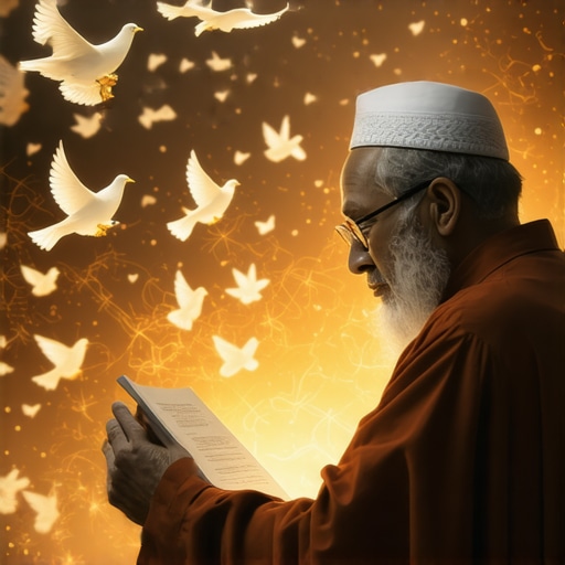 Islamic scholar examining dove symbols in a spiritual setting for dream interpretation