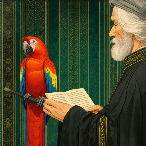 Islamic scholar analyzing dream symbols related to a colorful parrot in a spiritual setting