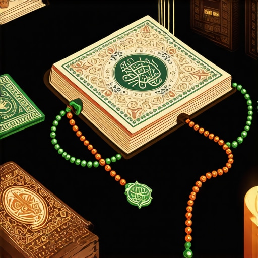 Islamic Dream Interpretation Symbols Traditional scene depicting Islamic symbols related to dream interpretation including a wallet, Quran, and prayer beads.