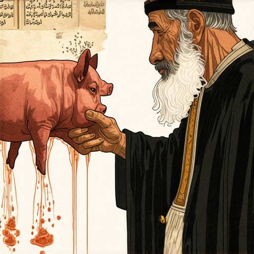 Scholar studying Islamic dream symbols related to pork meat and spiritual messages.