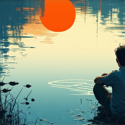 Reflecting by the symbolic flood in a spiritual context Person contemplating beside flood water symbolizing inner turmoil and spiritual cleansing