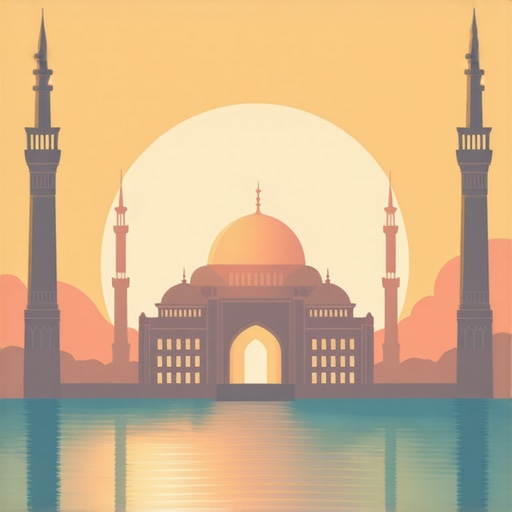 Serene Mosque at Sunrise Beautiful mosque with sunrise in the background, intricate Islamic architecture