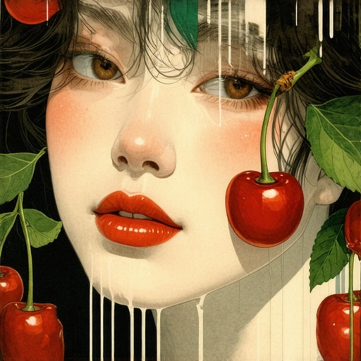 Ilustracija simboličkih snova sa trešnjama, vibrant colors, surreal style, islamski motivi