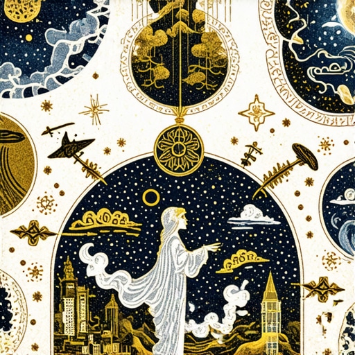 Islamic art style illustration of spiritual symbols and natural disasters