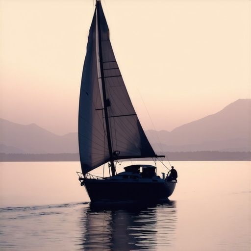 Spiritual journey of a boat through calm waters at dawn A peaceful boat sailing in calm waters at sunrise, representing spiritual growth and inner strength.