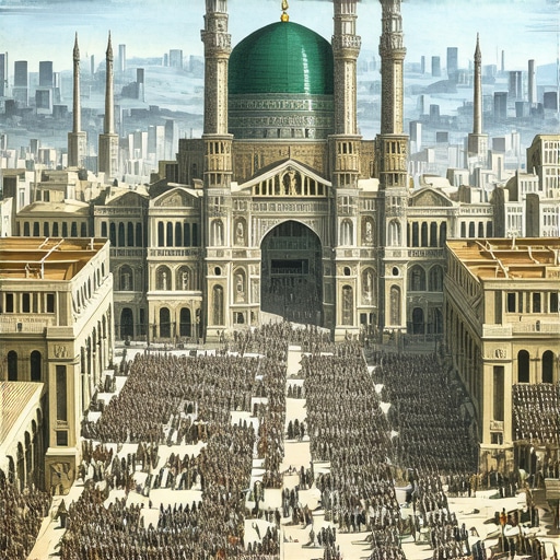 Illustration depicting the conquest of Mecca with symbolic spiritual elements