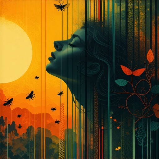 Person dreaming about various insects in a colorful, symbolic environment