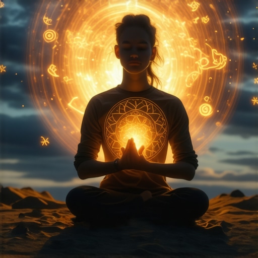 A person meditating during night with zikr, surrounded by floating dream symbols, mystical atmosphere