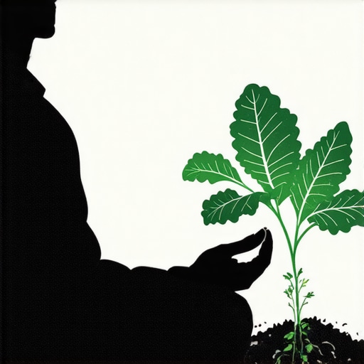 Symbolic Representation of Spiritual Growth through Cabbage Person contemplating a growing cabbage plant, representing spiritual insight and development.