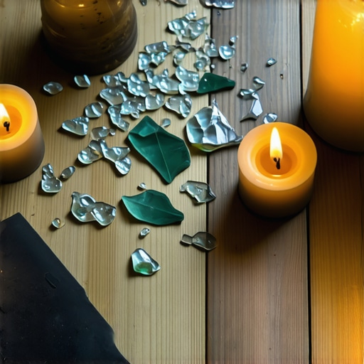 Broken glass with candles and meditation tools representing inner conflict and spiritual renewal.