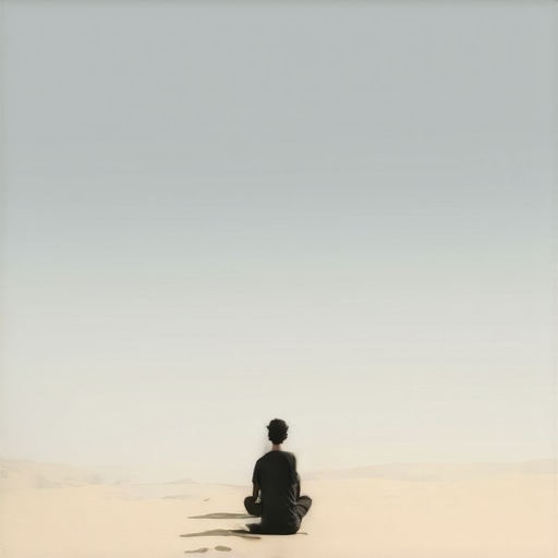 Solitary figure meditating in a desert, representing inner peace and spiritual journey.