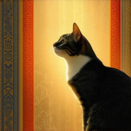 Islamic art showing a peaceful cat with spiritual symbols