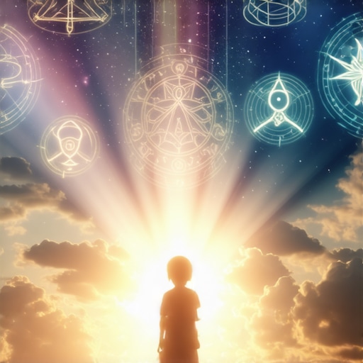 Dreamscape with child and spiritual symbols representing divine messages