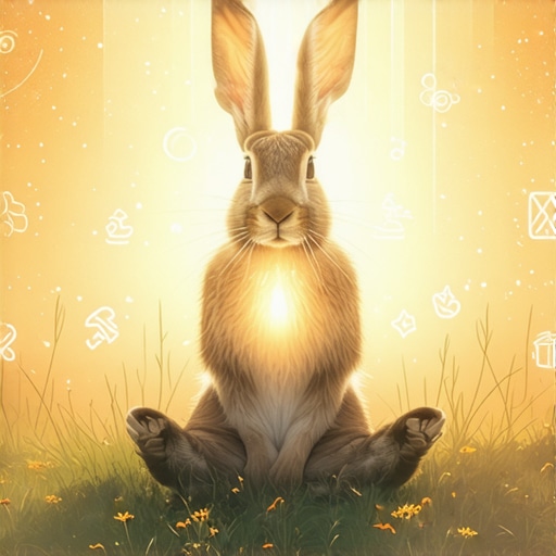 Ilustracija zeca u meditaciji sa svetlosnim i duhovnim simbolima