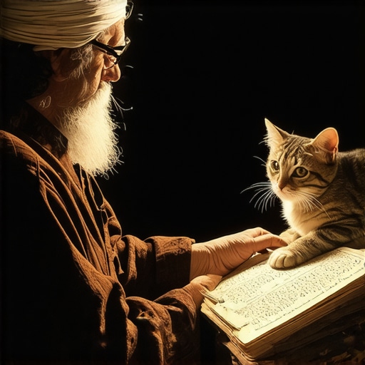 Duhovno tumačenje sna o mački u islamu Islamic scholar analyzing dream of a cat with spiritual symbols