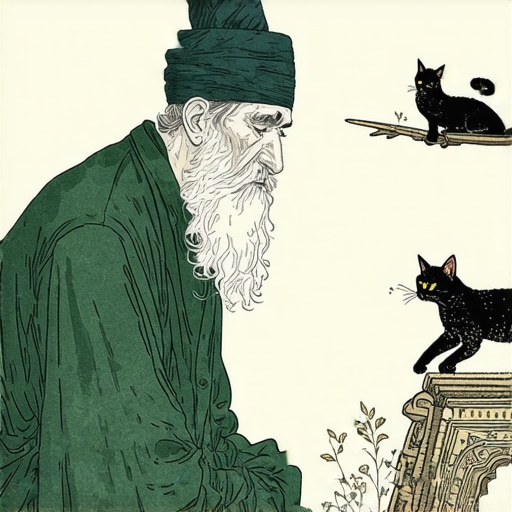 Duhovno tumačenje snova o mačkama u islamu Islamic scholar studying dream interpretation symbols about cats in spiritual context