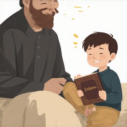 Muslim man dreaming of a happy boy holding Quran, representing spiritual guidance
