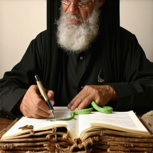 Expert Analyzing Dream Symbols in Islam Islamic scholar studying dream symbolism chart with green snake