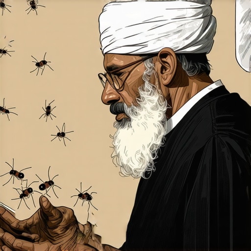 Expert Interpretation of Dream Symbols about Ants in Islam Islamic scholar analyzing dream symbols about ants, detailed and spiritual