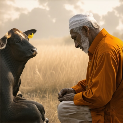 Islamic scholar interpreting dream symbols of cow and calf in a traditional setting