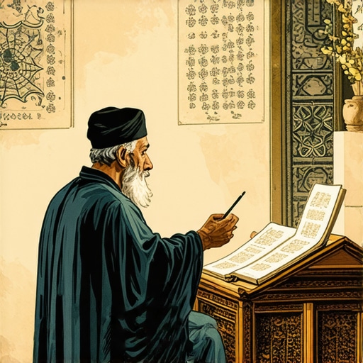 Islamic scholar studying dream symbols, focusing on spider webs, in a traditional setting.