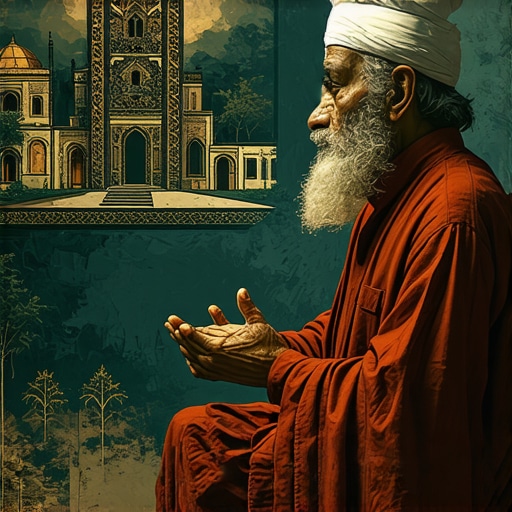 Islamic scholar analyzing dream symbols Islamic scholar interpreting a dream about a house with spiritual symbols