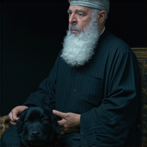 Islamic scholar studying a dream about a black dog and spiritual symbols