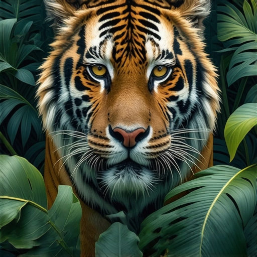 Majestic Tiger in Jungle A detailed image of a majestic tiger surrounded by greenery, representing inner strength and spiritual symbolism.