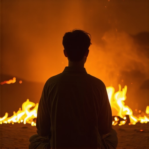 Person meditating near sacred fire illustrating spiritual transformation in Islam