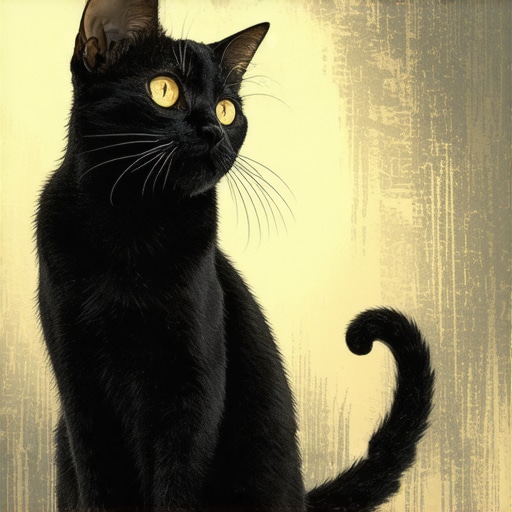 A mystical black cat with glowing eyes in a surreal, spiritual setting.