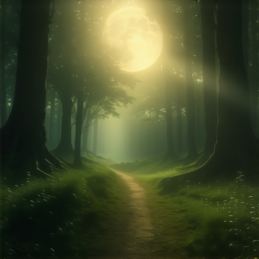 A moonlit mystical forest pathway symbolizing spiritual journey