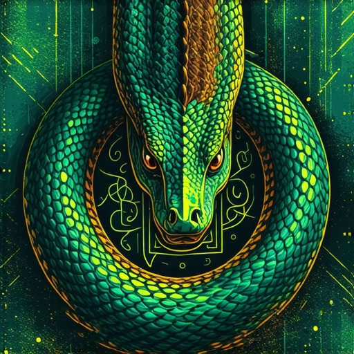 An artistic depiction of a mystical snake intertwined with symbols representing spiritual transformation.