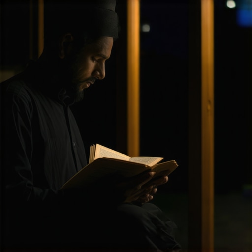 Nighttime Kur'an Recitation for Inner Strength Muslim man engaging in nighttime recitation of Kur'an, symbolizing spiritual strength and inner peace
