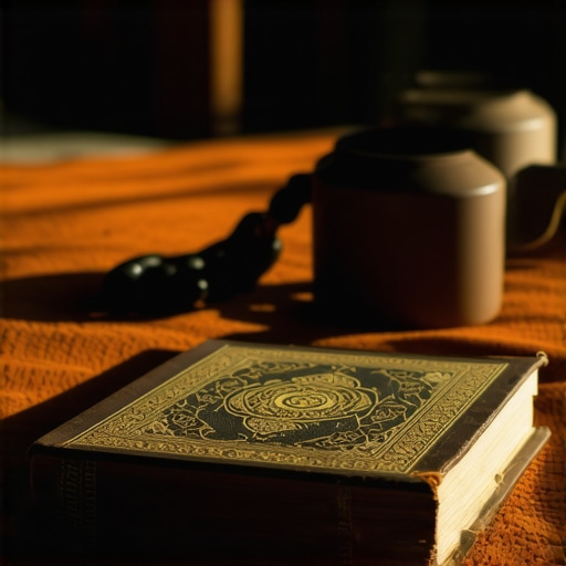 Islamic bedroom with Quran and prayer beads for spiritual reflection