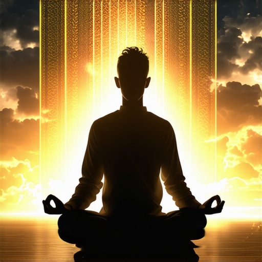 Person meditating with glowing Quran representing spiritual understanding