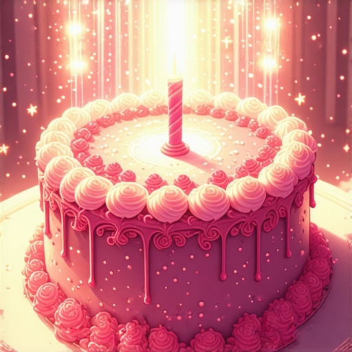 A beautifully decorated cake glowing with spiritual light, representing inner fulfillment and gratitude