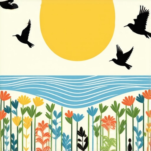 Illustration of water, birds, and blooming flowers symbolizing spiritual awakening and growth
