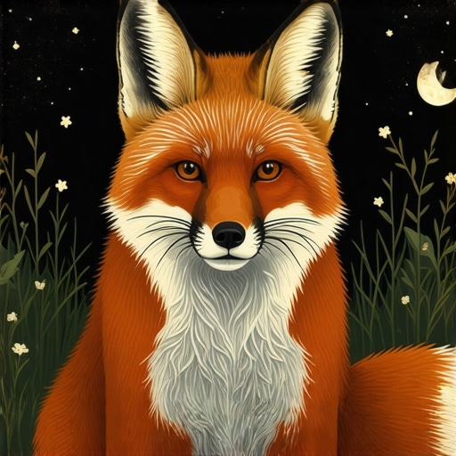 Ilustracija lisice u snu, fokus na izraz lica i okruženje, simbolika mudrosti i prevara