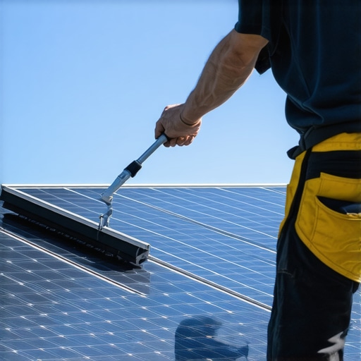 Cleaning Solar Panels with Telescopic Squeegee Person cleaning solar panels with a telescopic squeegee under bright sunlight